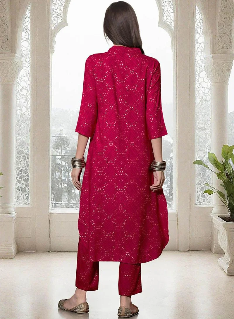 ISHIN Women's Pink Rayon Printed Tunic Full Length Palazzo Straight Fit Kurta Set
