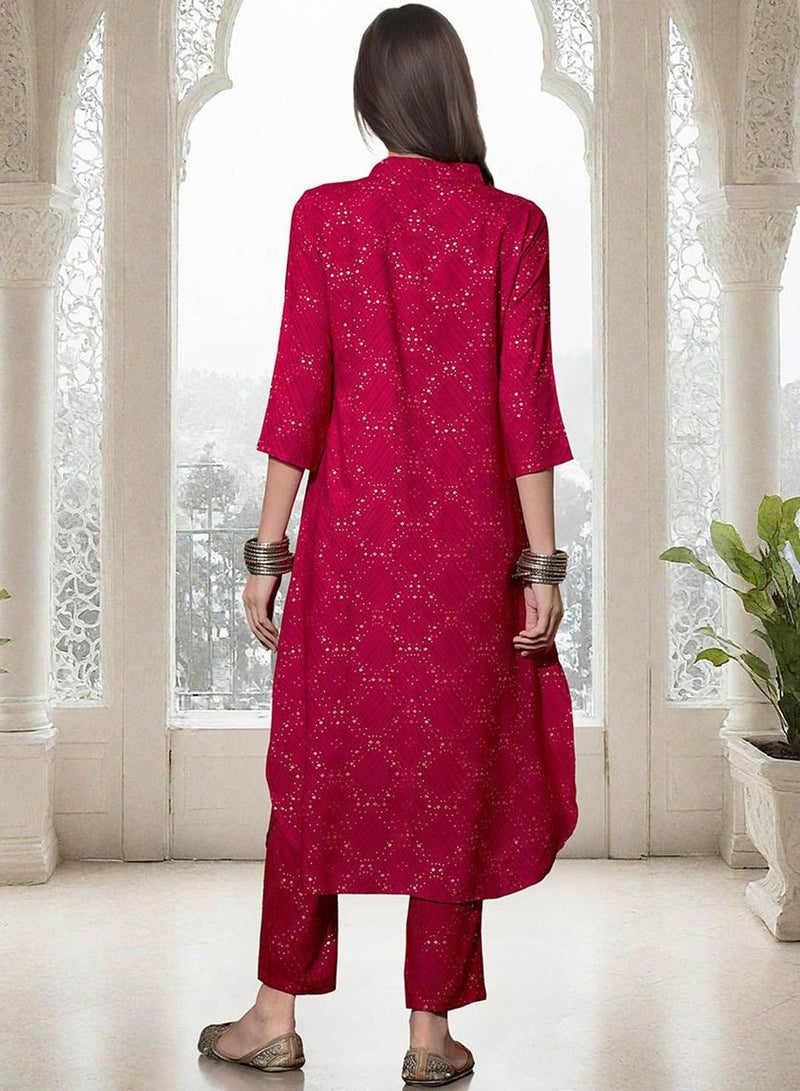 ISHIN Women's Pink Rayon Printed Tunic Full Length Palazzo Straight Fit Kurta Set  - Image 5