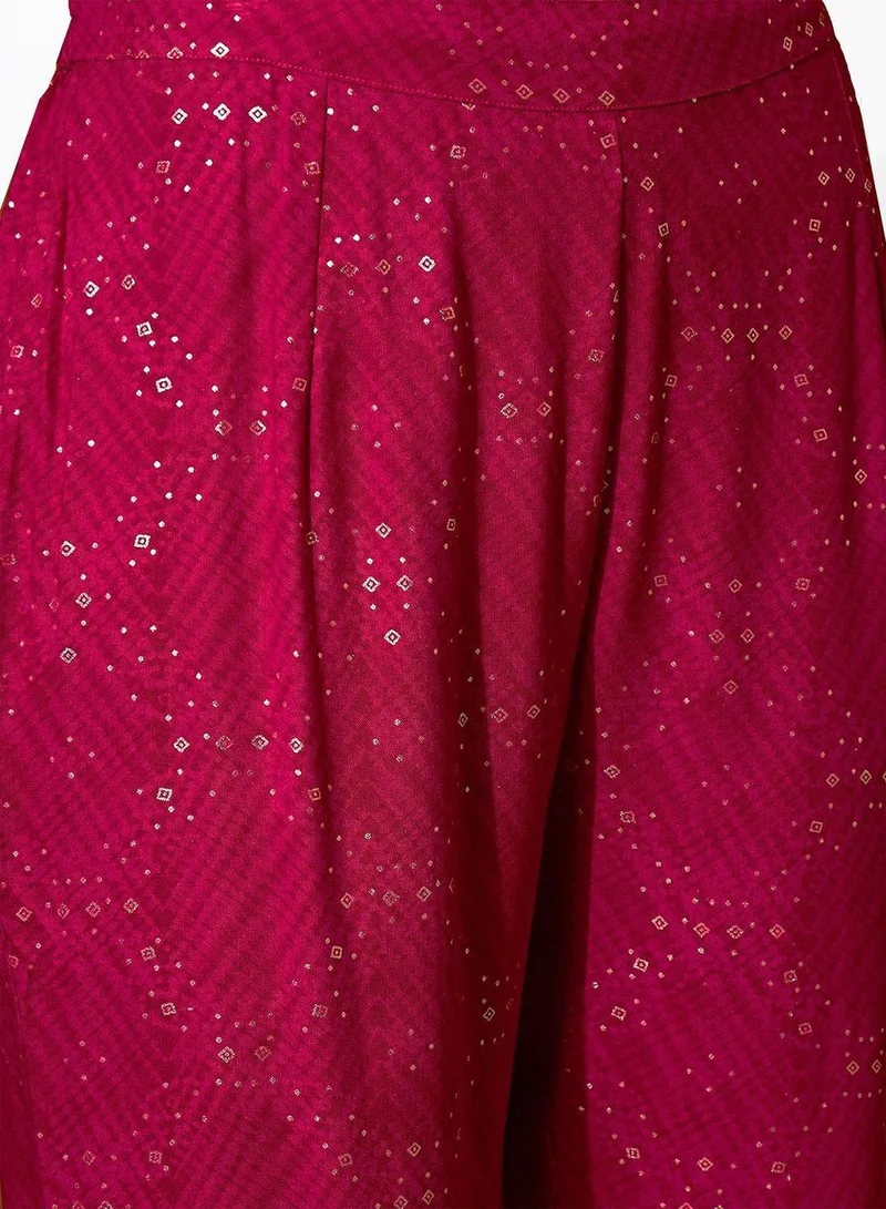 ISHIN Women's Pink Rayon Printed Tunic Full Length Palazzo Straight Fit Kurta Set