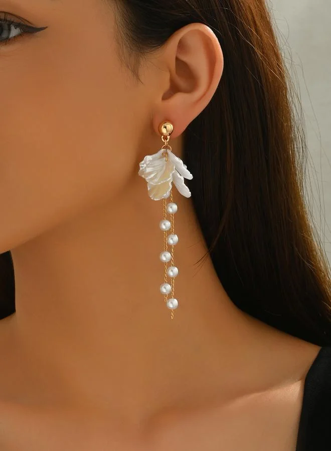 تايك تو أقراط متدلية بتصميم زهور ولؤلؤ صناعي