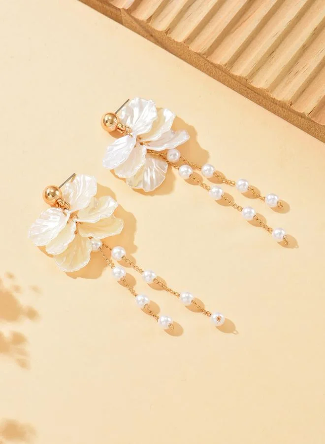 تايك تو أقراط متدلية بتصميم زهور ولؤلؤ صناعي