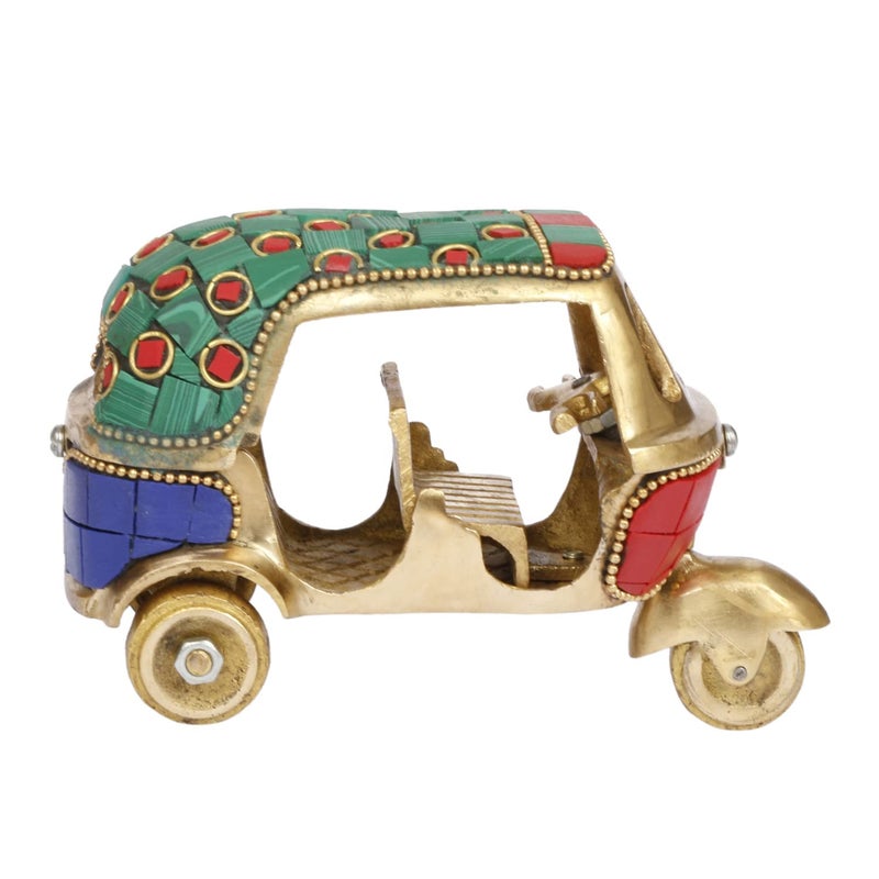 Kartique Kartique Gemstone Work Vintage Style Brass Auto Rickshaw Miniature Indian Souvenir Multicolored Brass Decor Showpiece Height 3 Inch  - Image 5
