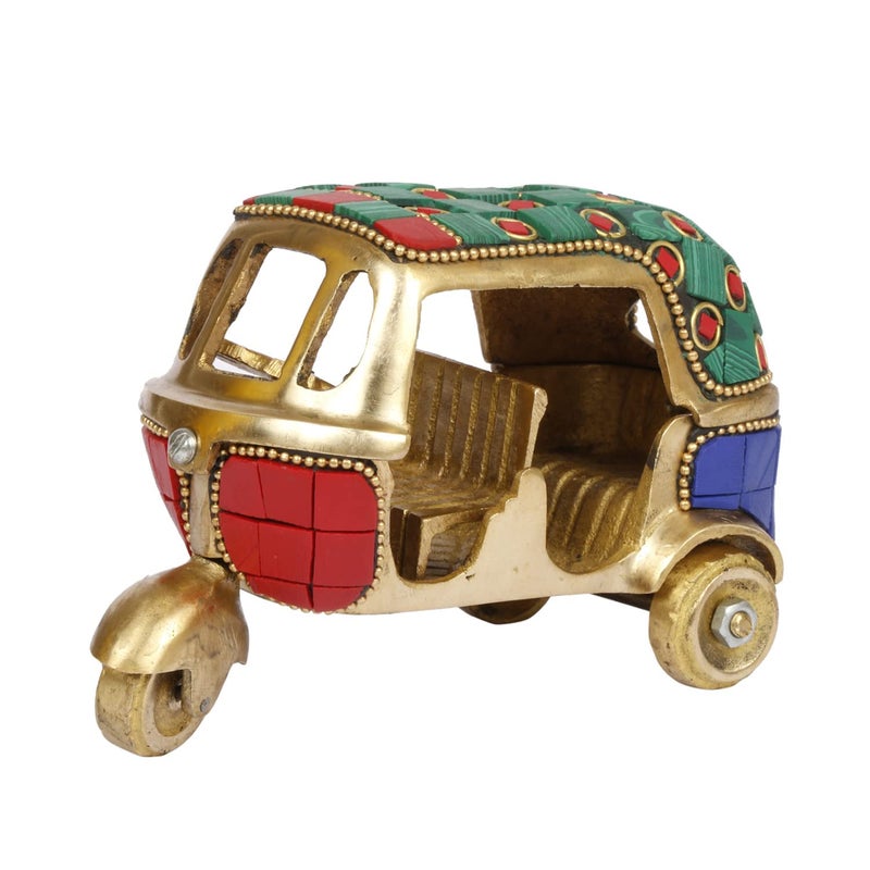 Kartique Kartique Gemstone Work Vintage Style Brass Auto Rickshaw Miniature Indian Souvenir Multicolored Brass Decor Showpiece Height 3 Inch  - Image 1