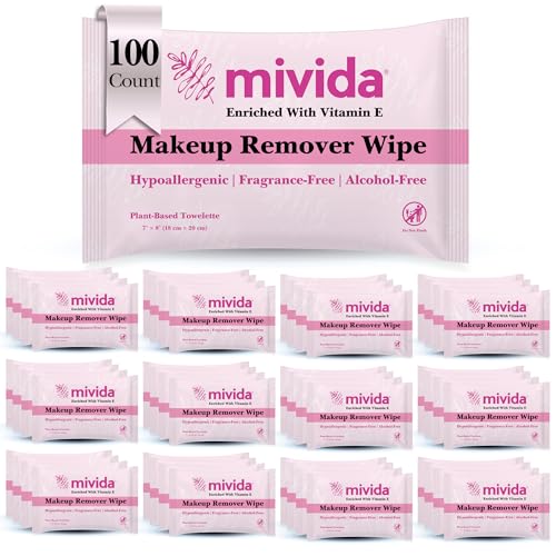 mivida100 Count Hypoallergenic Makeup Remover Wipes Individually Wrapped with Vitamin E | Dermatologist Tested Alcohol-Free, Fragrance-Free face wipes Individully Wrapped - Image 1