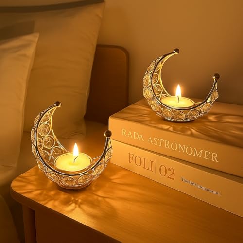 CentraLit Moon Tea Light Holder, Candle Holder, Crystal Candle Holder, Metal Lanterns, Table Decoration for Wedding Party, Ramadan, Diwali Decoration (Pack of2) (Gold, Gold (Pack of2)) - Image 4