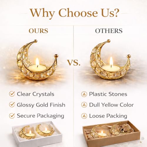 CentraLit Moon Tea Light Holder, Candle Holder, Crystal Candle Holder, Metal Lanterns, Table Decoration for Wedding Party, Ramadan, Diwali Decoration (Pack of2) (Gold, Gold (Pack of2)) - Image 3