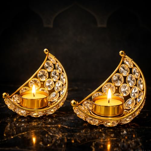 CentraLit Moon Tea Light Holder, Candle Holder, Crystal Candle Holder, Metal Lanterns, Table Decoration for Wedding Party, Ramadan, Diwali Decoration (Pack of2) (Gold, Gold (Pack of2)) - Image 2