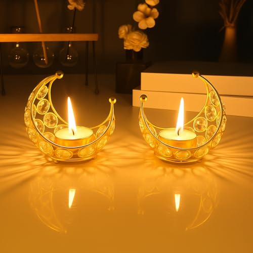 CentraLit Moon Tea Light Holder, Candle Holder, Crystal Candle Holder, Metal Lanterns, Table Decoration for Wedding Party, Ramadan, Diwali Decoration (Pack of2) (Gold, Gold (Pack of2)) - Image 5