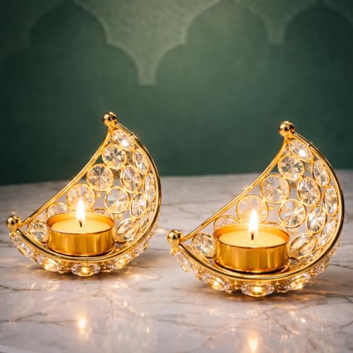 CentraLit Moon Tea Light Holder, Candle Holder, Crystal Candle Holder, Metal Lanterns, Table Decoration for Wedding Party, Ramadan, Diwali Decoration (Pack of2) (Gold, Gold (Pack of2)) - Image 1