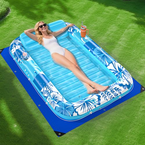 POOLACC Inflatable Tanning Pool Lounger Float with Protection Tarp 70 x 46 Pool Floats Adult with Pillow 6 in 1 Suntan Tub Raft Floatie Sunbathing Water Bed Lounge Blow Up Kids Ball Pit Party GiftsBlue - Image 1