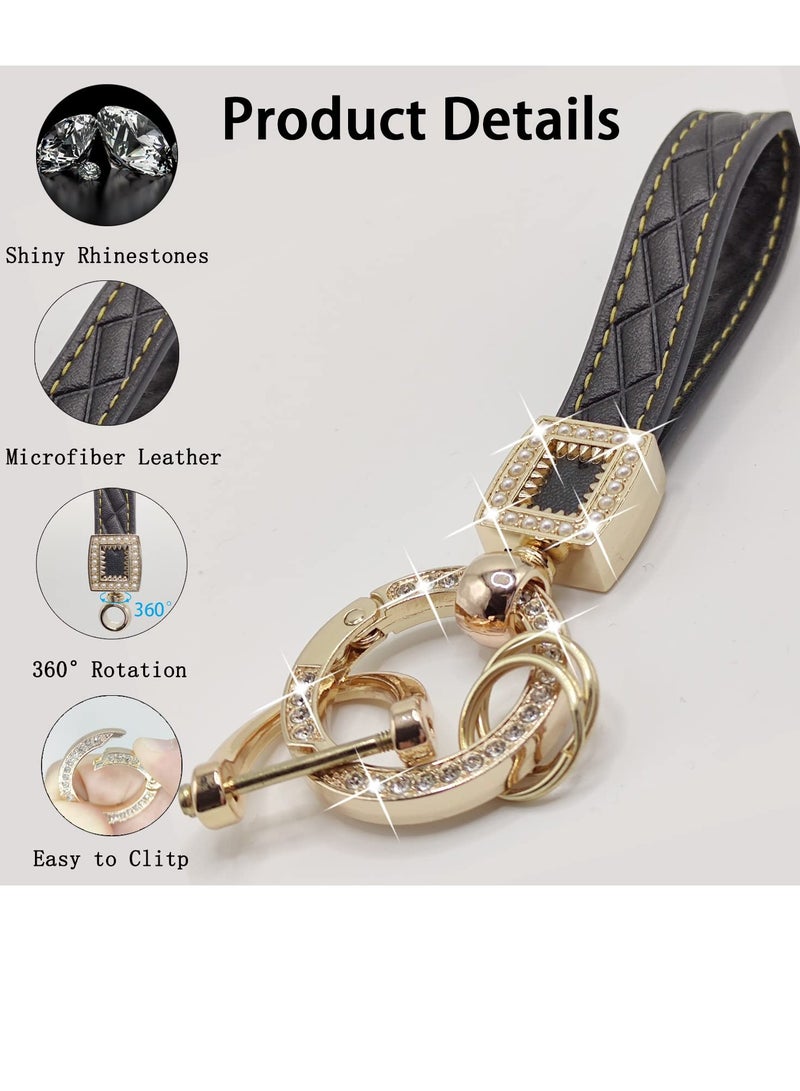 SYOSI Car Keychain Accessories with Key Ring Bling Diamond Microfiber Leather Car Keychain Universal Key Fob Holder with 360° Rotatable D-Ring 2 Keyrings and Screwdriver for Men and Women Black - Image 2