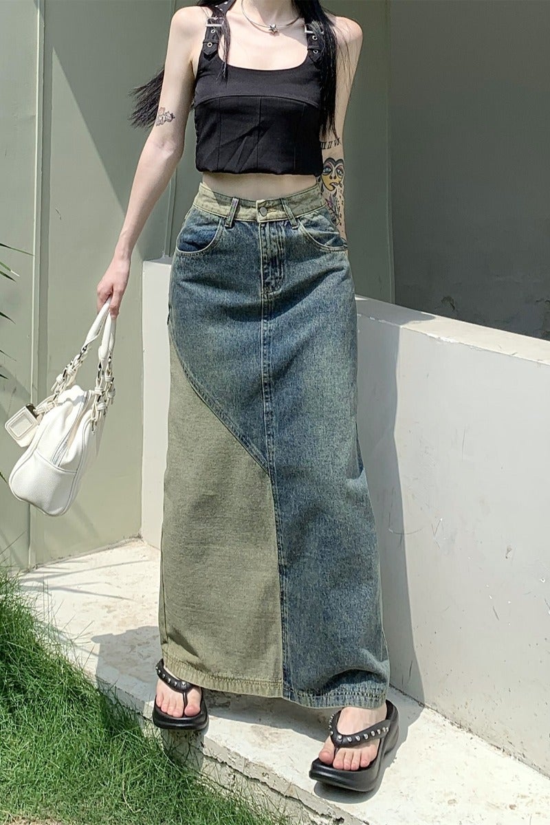 Autumn 2025 Retro Style High-Waisted Slimming Look Hip-Hugging Mid-Length Splicing Contrasting Color Elegant Denim Skirt For Women - Image 1