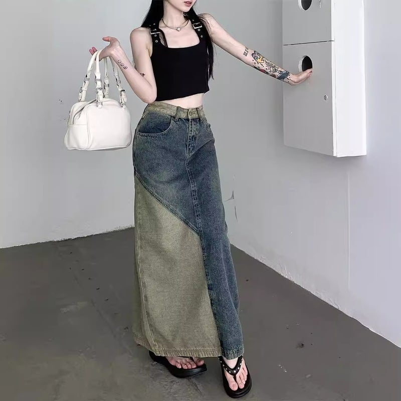 Autumn 2025 Retro Style High-Waisted Slimming Look Hip-Hugging Mid-Length Splicing Contrasting Color Elegant Denim Skirt For Women - Image 5