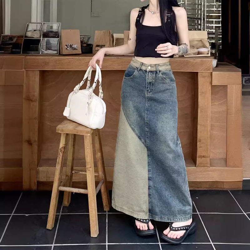 Autumn 2025 Retro Style High-Waisted Slimming Look Hip-Hugging Mid-Length Splicing Contrasting Color Elegant Denim Skirt For Women - Image 4