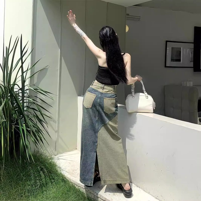 Autumn 2025 Retro Style High-Waisted Slimming Look Hip-Hugging Mid-Length Splicing Contrasting Color Elegant Denim Skirt For Women - Image 3