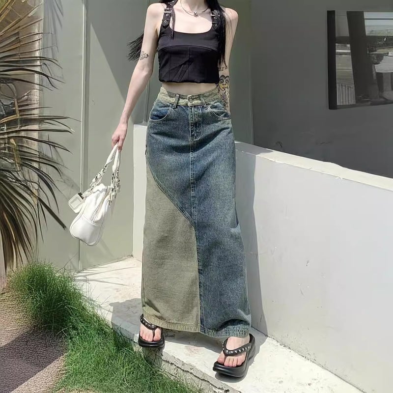 Autumn 2025 Retro Style High-Waisted Slimming Look Hip-Hugging Mid-Length Splicing Contrasting Color Elegant Denim Skirt For Women - Image 2