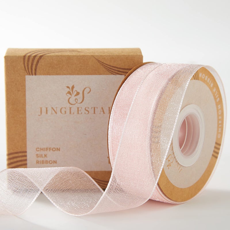 JINGLESTAR 1 Inch Wide Sheer Chiffon Ribbon  Pearl Silk Woven Ribbon Suitable for Gift Wrapping Wedding Decor Home Decor Girl Hair Accessories Handmade DIY 25 Yardsroll Baby Pink