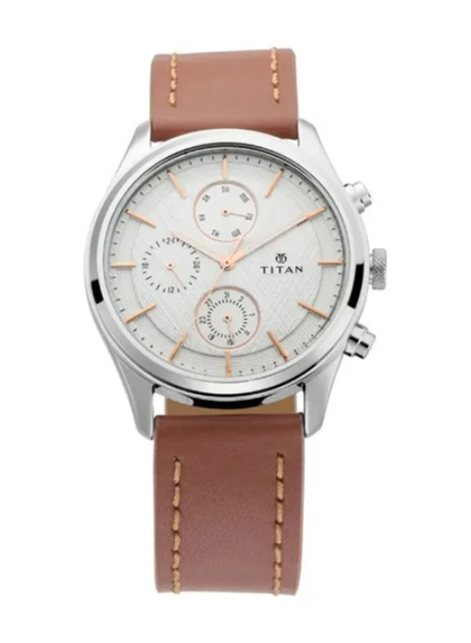 تيتان Titan Quartz Multifunction Silver Dial Leather Strap Watch for Men