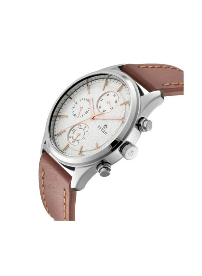 تيتان Titan Quartz Multifunction Silver Dial Leather Strap Watch for Men