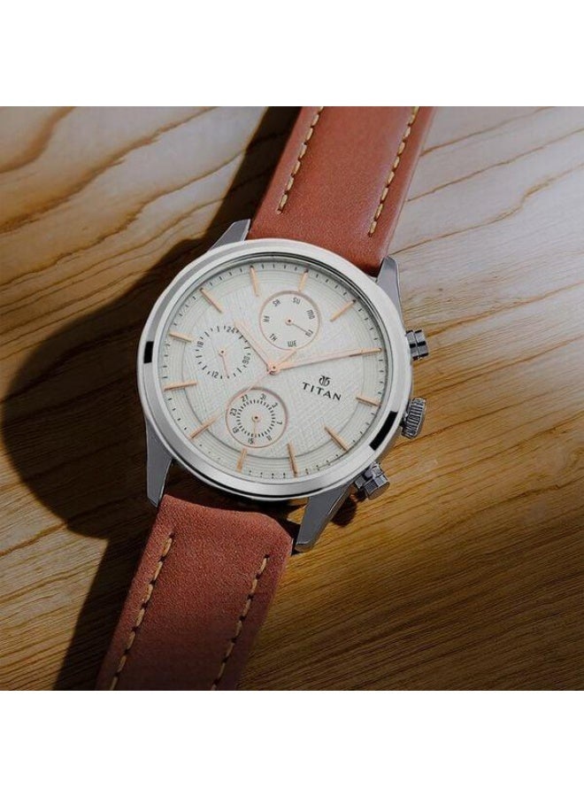 TITAN Workwear Quartz Multifunction Silver Dial Brown Leather Strap Watch for Men - 1805SL01 - Image 1