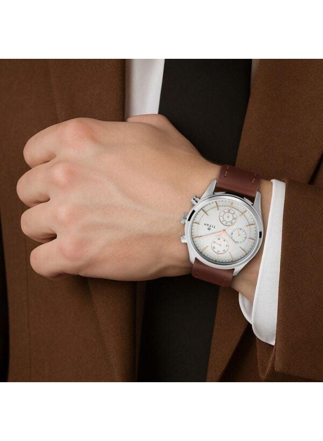 TITAN Workwear Quartz Multifunction Silver Dial Brown Leather Strap Watch for Men - 1805SL01 - Image 5