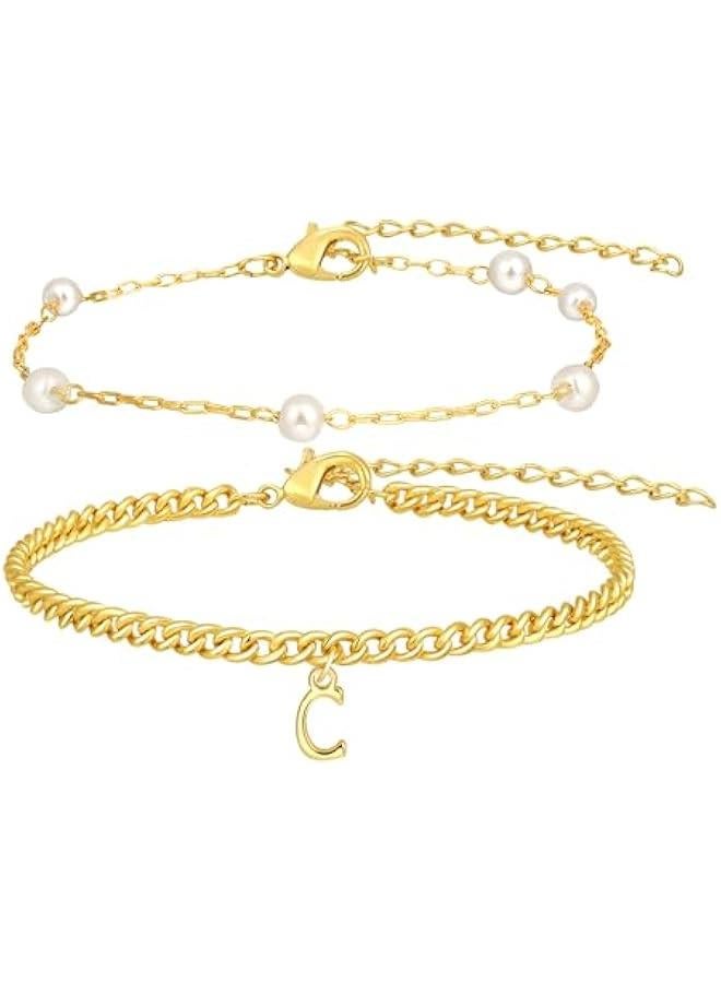 Gold Initial Pearl Bracelets for Women Layered Dainty Tiny Pearls Link Chain Gold Bracelets Jewelry Gifts Bridesmaid Birthday Gifts for Women Valentines Gifts for her Girlfriend Wife - Image 1