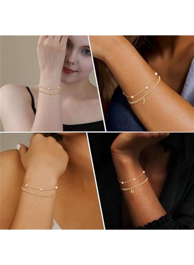 Gold Initial Pearl Bracelets for Women Layered Dainty Tiny Pearls Link Chain Gold Bracelets Jewelry Gifts Bridesmaid Birthday Gifts for Women Valentines Gifts for her Girlfriend Wife - Image 2