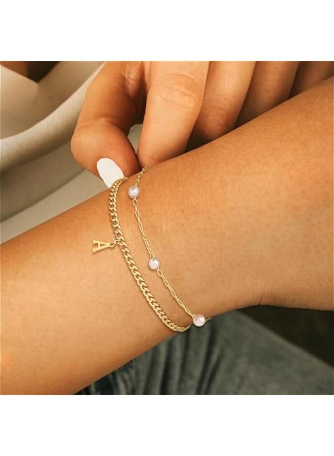 Gold Initial Pearl Bracelets for Women Layered Dainty Tiny Pearls Link Chain Gold Bracelets Jewelry Gifts Bridesmaid Birthday Gifts for Women Valentines Gifts for her Girlfriend Wife - Image 3