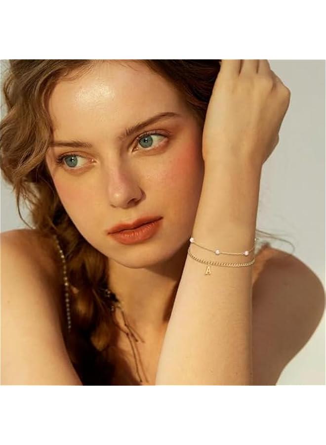 Gold Initial Pearl Bracelets for Women Layered Dainty Tiny Pearls Link Chain Gold Bracelets Jewelry Gifts Bridesmaid Birthday Gifts for Women Valentines Gifts for her Girlfriend Wife - Image 4