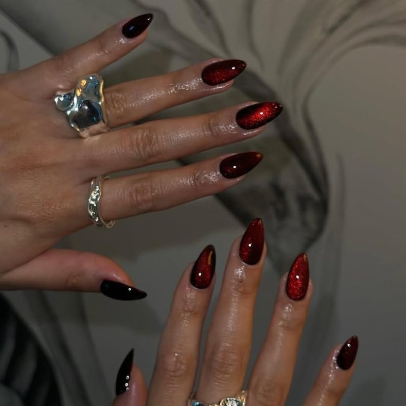 KQueenest Dark Red Press on Nails Cat Eye, Burgundy Glitter Press on Nails Almond Medium, Sparkly Shiny Fake Nails with Design, Cute Bling Glue on Nails Medium for Women Party Birthday, 30 Pcs - Image 3