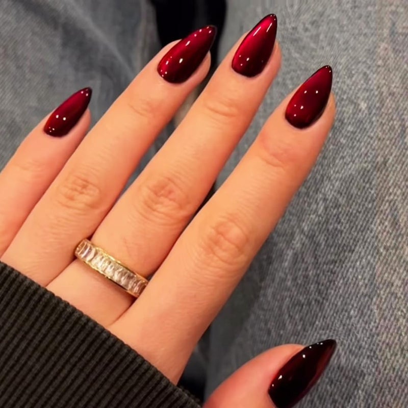 KQueenest Dark Red Press on Nails Cat Eye, Burgundy Glitter Press on Nails Almond Medium, Sparkly Shiny Fake Nails with Design, Cute Bling Glue on Nails Medium for Women Party Birthday, 30 Pcs - Image 2