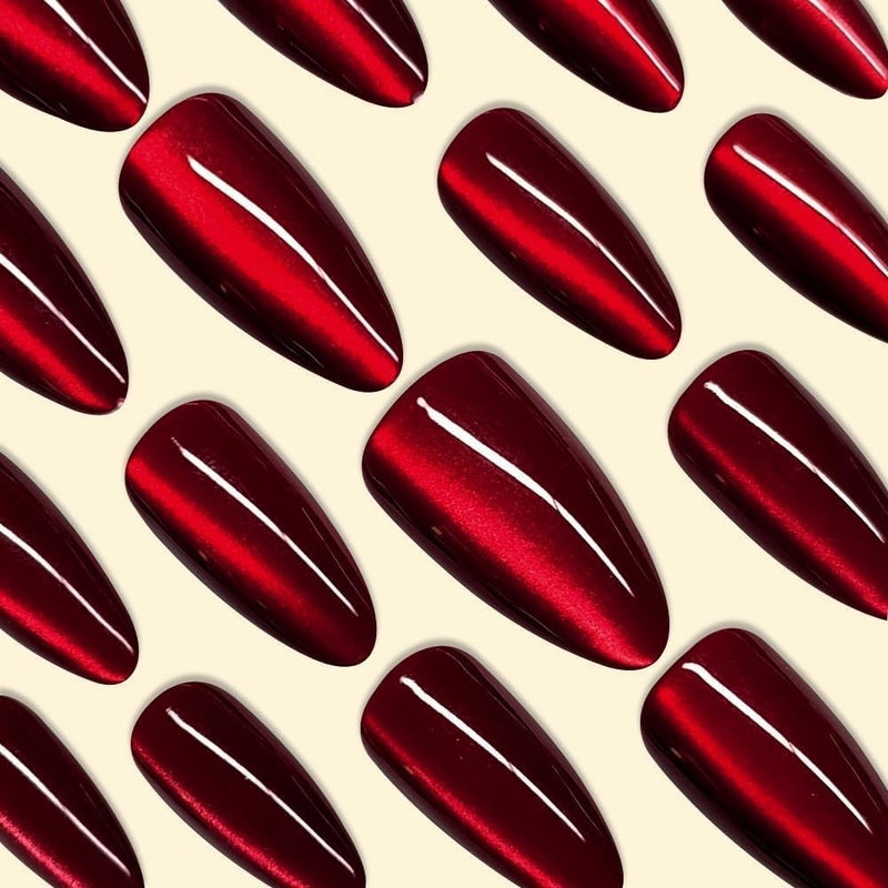 KQueenest Dark Red Press on Nails Cat Eye, Burgundy Glitter Press on Nails Almond Medium, Sparkly Shiny Fake Nails with Design, Cute Bling Glue on Nails Medium for Women Party Birthday, 30 Pcs - Image 5