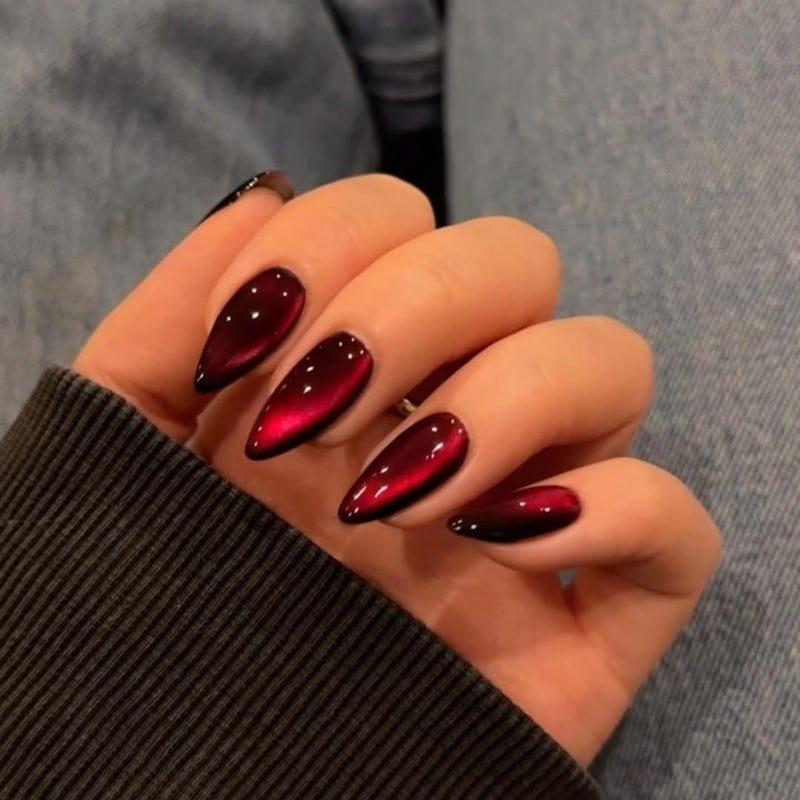 KQueenest Dark Red Press on Nails Cat Eye, Burgundy Glitter Press on Nails Almond Medium, Sparkly Shiny Fake Nails with Design, Cute Bling Glue on Nails Medium for Women Party Birthday, 30 Pcs - Image 1