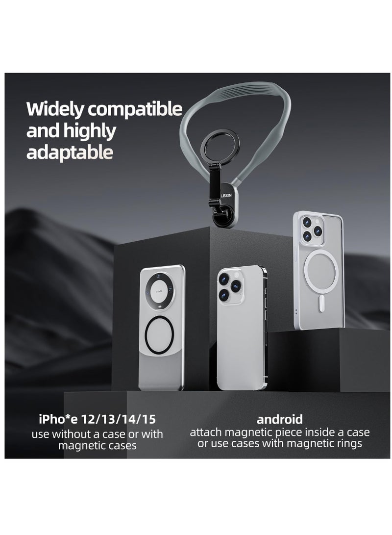 Excefore Magnetic Neck Mount for Phones, Neck Cell Phone Holder POV/Vlog Selfie Mount Hand Free Phone Neck Holder Chest Stand Strap Video Recording for iPhone 15 14 13 12 Seires Android Phones, Grey - Image 2