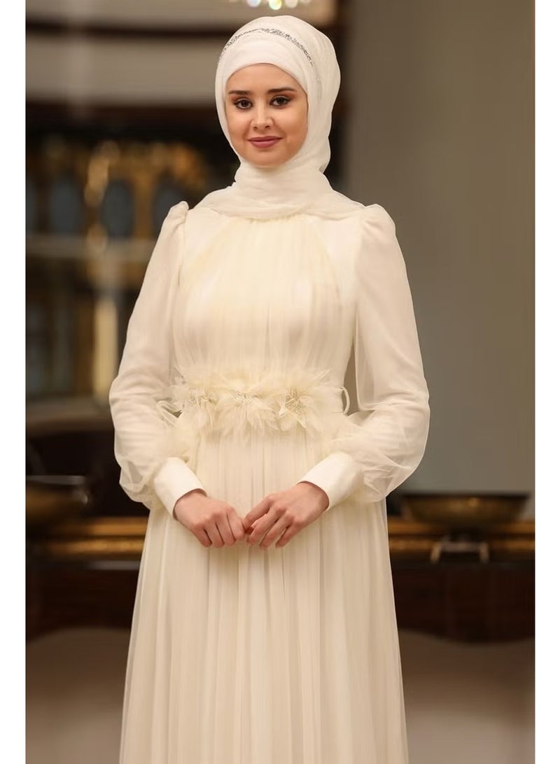 Esilanur Flower Hijab Evening Dress Ecru - Image 2