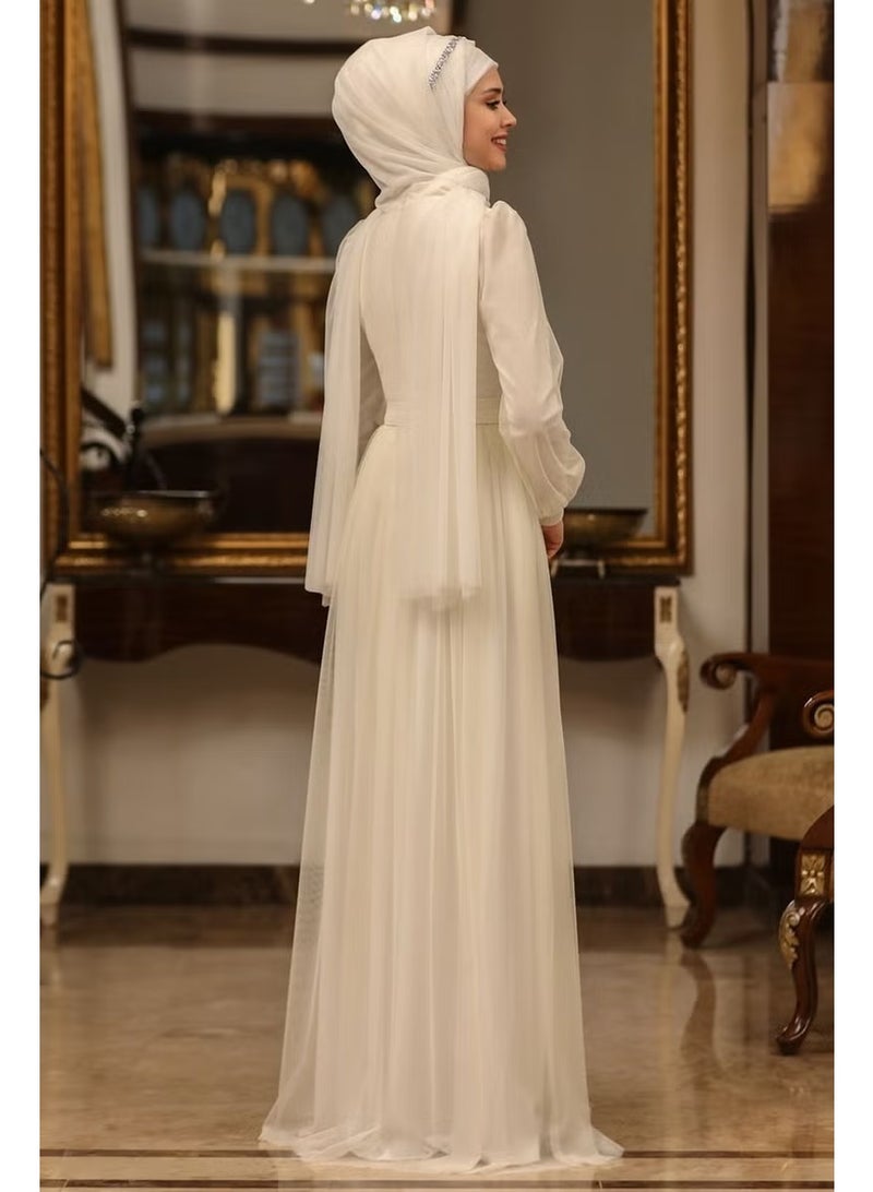 Esilanur Flower Hijab Evening Dress Ecru - Image 3