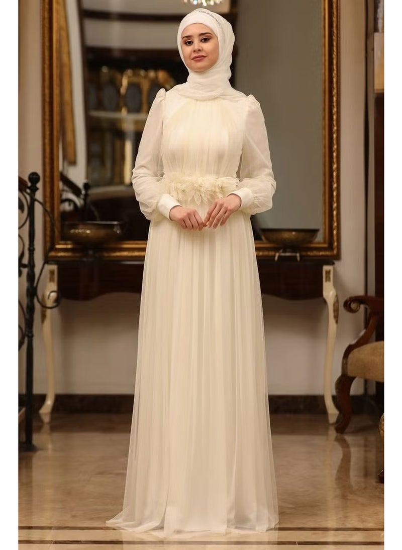 Esilanur Flower Hijab Evening Dress Ecru - Image 1