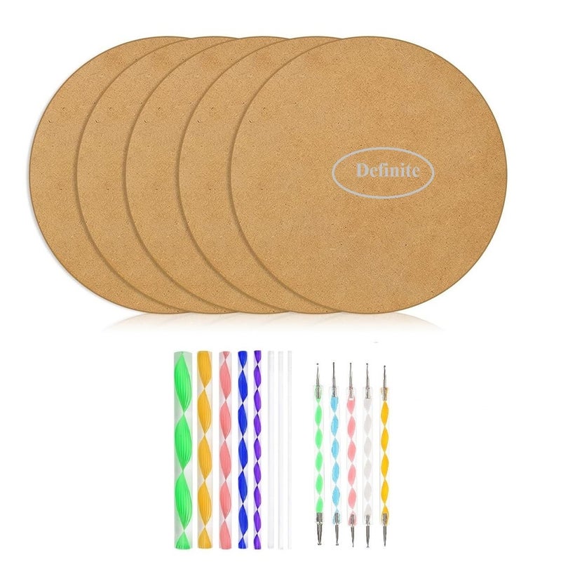 Definite Art Round MDF Board for Mandala Art DIY Creation with 5 Dotting Tools & 8 Mandala Sticks (Pack of 5 X MDF 10 Inch Circle with 5 X Dotting Tools & 8 X Mandala Sticks) - Image 1