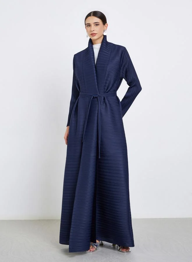 Take Two Solid Textured Pleated Belted Long Sleeve Abaya