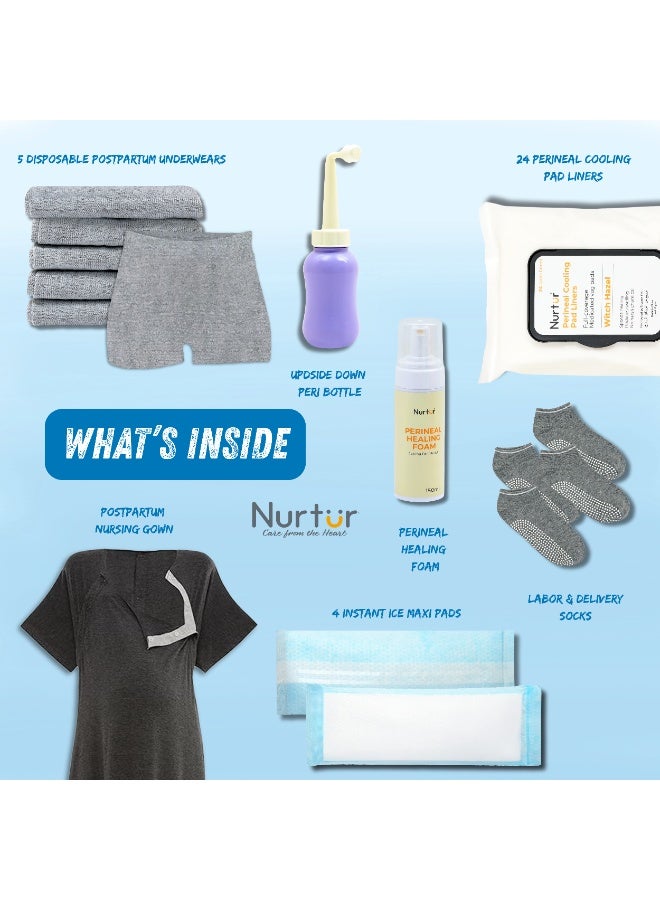 Nurtur-Maternity care kit - 7 in 1 - Multi -(Peri bottle-1pc,Disposable underwear-5pcs,Cool pad-4pcs,Cooling perineal wipes-1pack,Perineal Healing Foam-1pc,Nursing gown-1pc,Labor and delivery socks-1pair) - Image 2