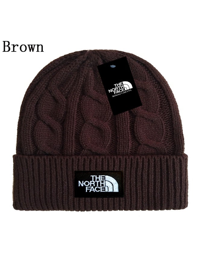 The North Face Brown Cable-Knit Beanie - Warm Retro Winter Hat with Signature Logo Patch 615Size