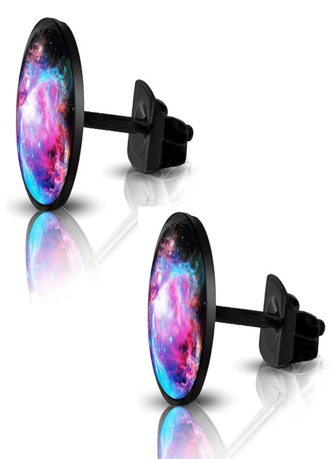 SIISPRI 316L Surgical Stainless Steel galaxy Round Circle Button Stud Post Earrings 10MM (black) - Image 1
