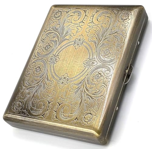 Retro Cigarette Case Victorian Style Metal Holder for Regular King and 100s Size Credit Card Holder Pocket Large with Etched Pattern RFID Protective Security Wallet EL100AB Antique Brass