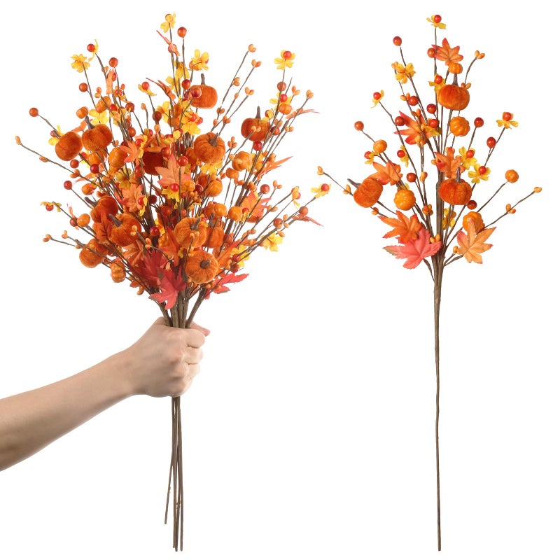 RoseCraft 4PCS Fall Decor 195Inch Artificial Red BerryMaple LeafPumpkin Floral Stems Fall Branches Decorations for Autumn Harvest Weeding Birthday Holiday Home Vase Arrangement Indoor Decor