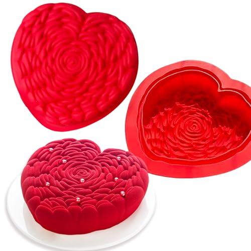 ZINDIACINE 2 Pack Silicone Heart Cake Mold, Rose Pattern Baking Pan Valentine's Day 8 Inch Heart Cake pan for Baking, Chocolate, Mousse, Jelly,Mini Cake Resin - Image 1