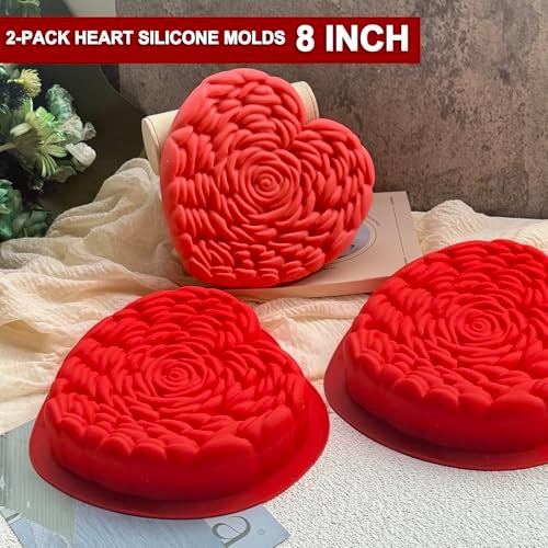 ZINDIACINE 2 Pack Silicone Heart Cake Mold, Rose Pattern Baking Pan Valentine's Day 8 Inch Heart Cake pan for Baking, Chocolate, Mousse, Jelly,Mini Cake Resin - Image 2