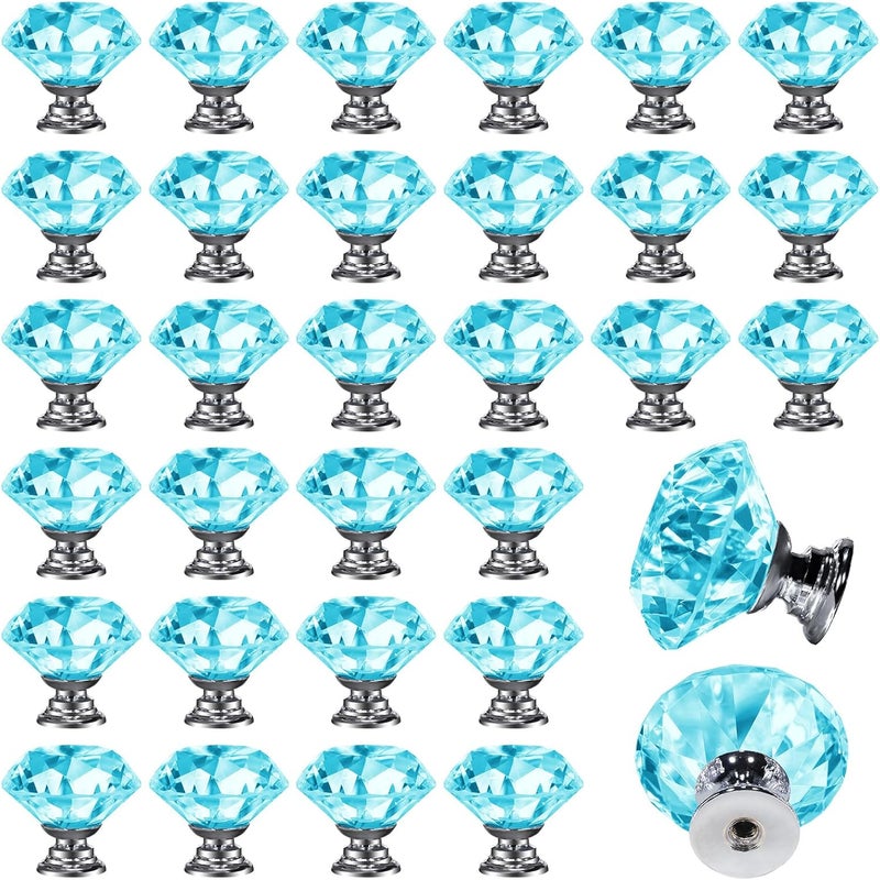 DeELF Outlet DEELF 30 Packs Kitchen Cabinet Knobs, 30 mm Crystal Cabinet Knobs, Diamond Dresser Handle Drawer Pulls, Dresser Knobs for Cabinets and Drawers, Light Blue - Image 1
