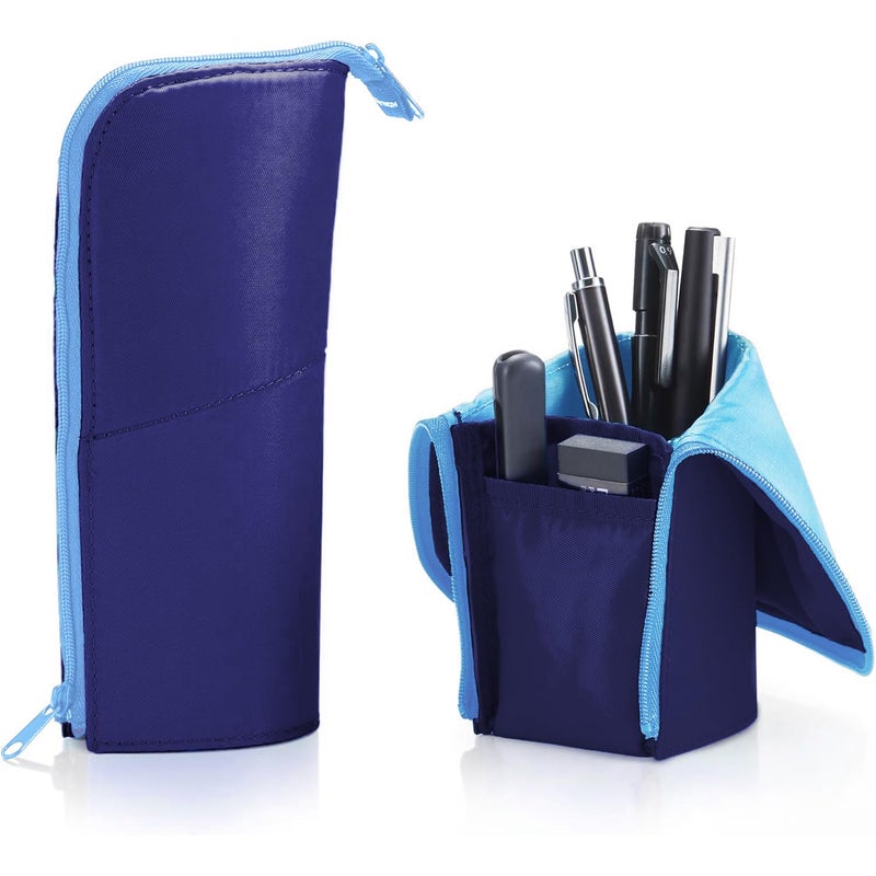 KOKUYO Pencil Case Pouch Neo Critz Standing Pen Pouch Bag Foldable Stand up Pencil Holder Organizer Small Portable Pencil Box for School Office Supplies Navy x Light Blue Large Size FVBF1812