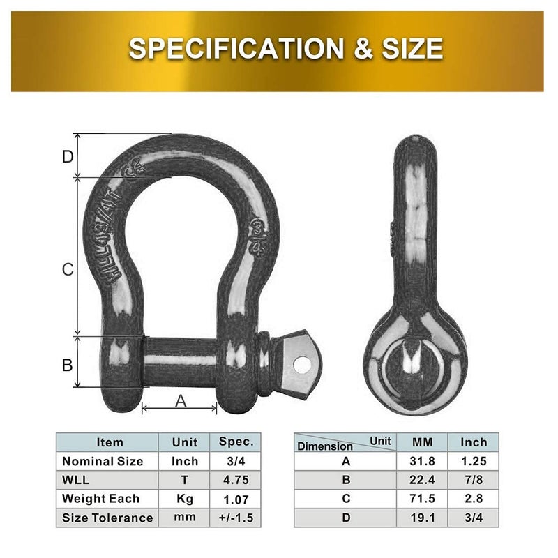 Acando Pack of 2 Black Powder Coated Heaveduty Trailer Shackles 3/4 Bow Shackle Rugged Steel Forged 4.74 Ton D Ring Anchor 28.5 Ton (57,000 lbs) Max Break Strength Off Road Shackles - Image 5