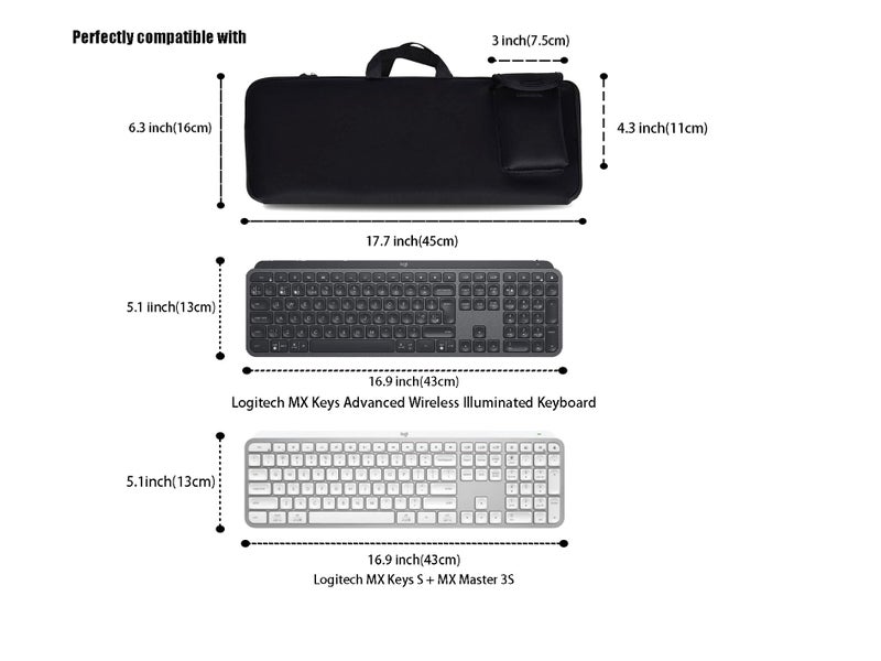 NUENSS-ROR Keyboard Sleeve Travel Case for Logitech MX Keys/MX Keys S Advanced Wireless Illuminated Keyboard,Soft Neoprene Bag, Zipper Mouse Storage and Cable Storage Pouch (Black) - Image 2